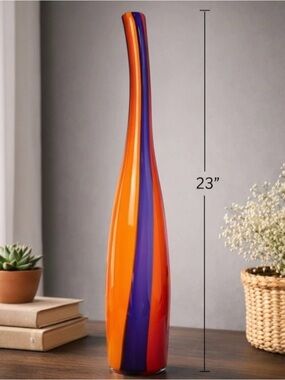 Hand Blown Art Glass Vase Creative Artisans 23” Orange Blue Swirl Modern Decor